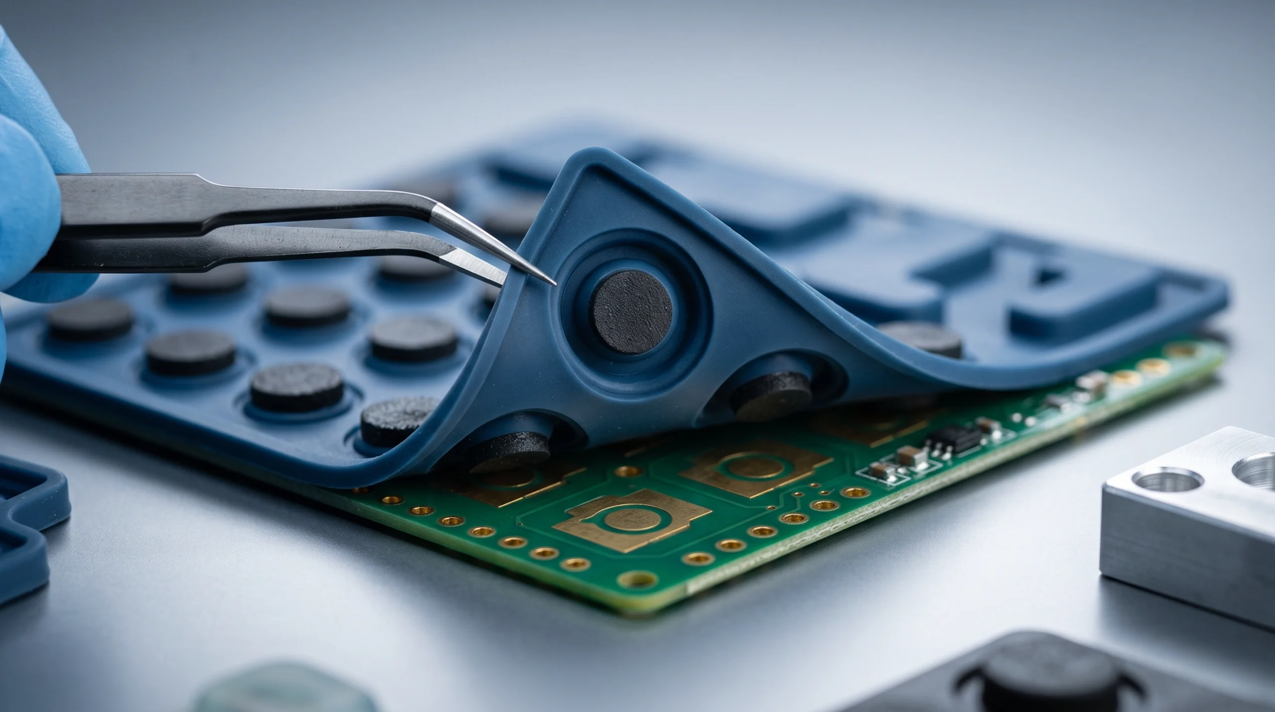 Conductive carbon pills underside of silicone keypads