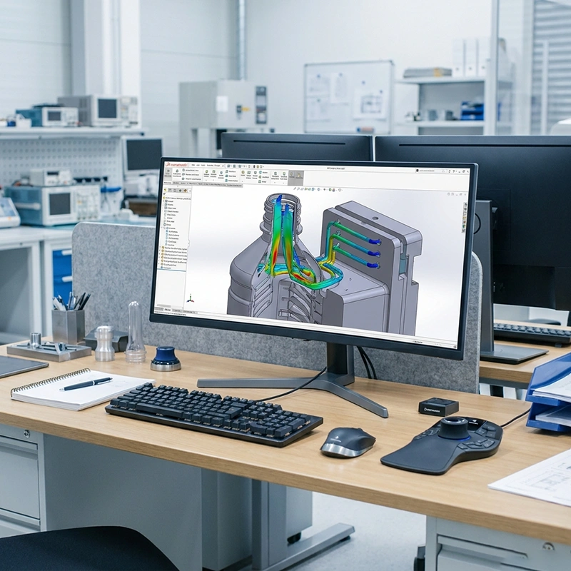 3D CAD DFM simulation of PET bottle blow mold and venting paths
