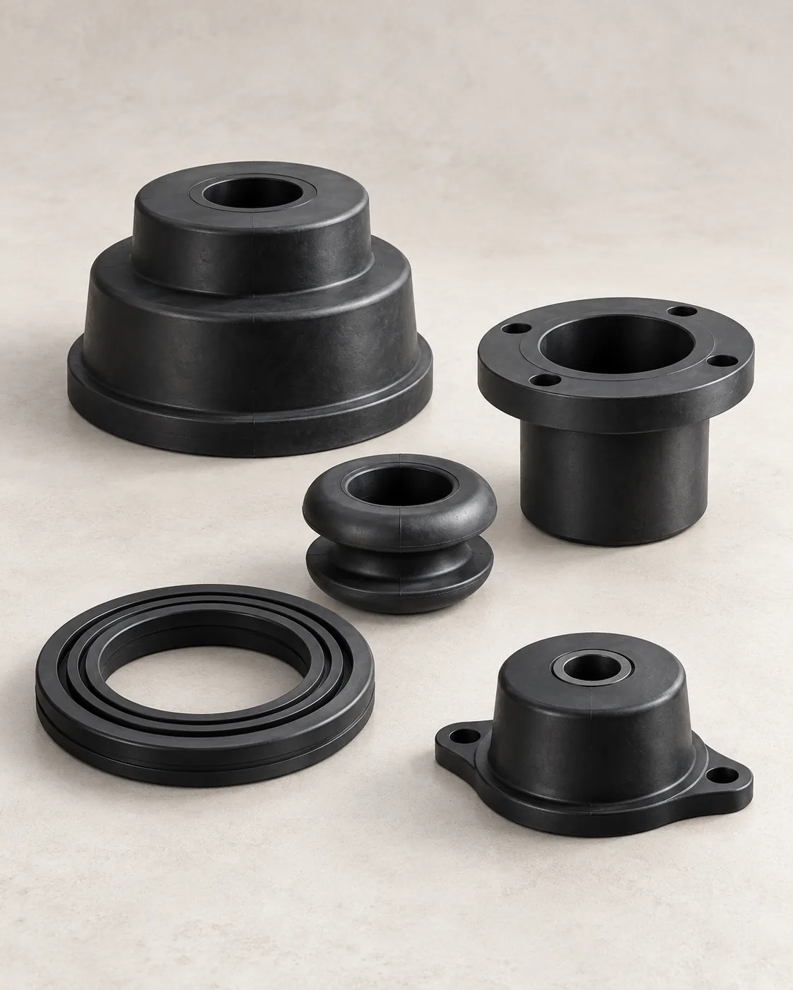 Illustrative 3D render of custom black molded rubber parts, bushings, grommets and seals
