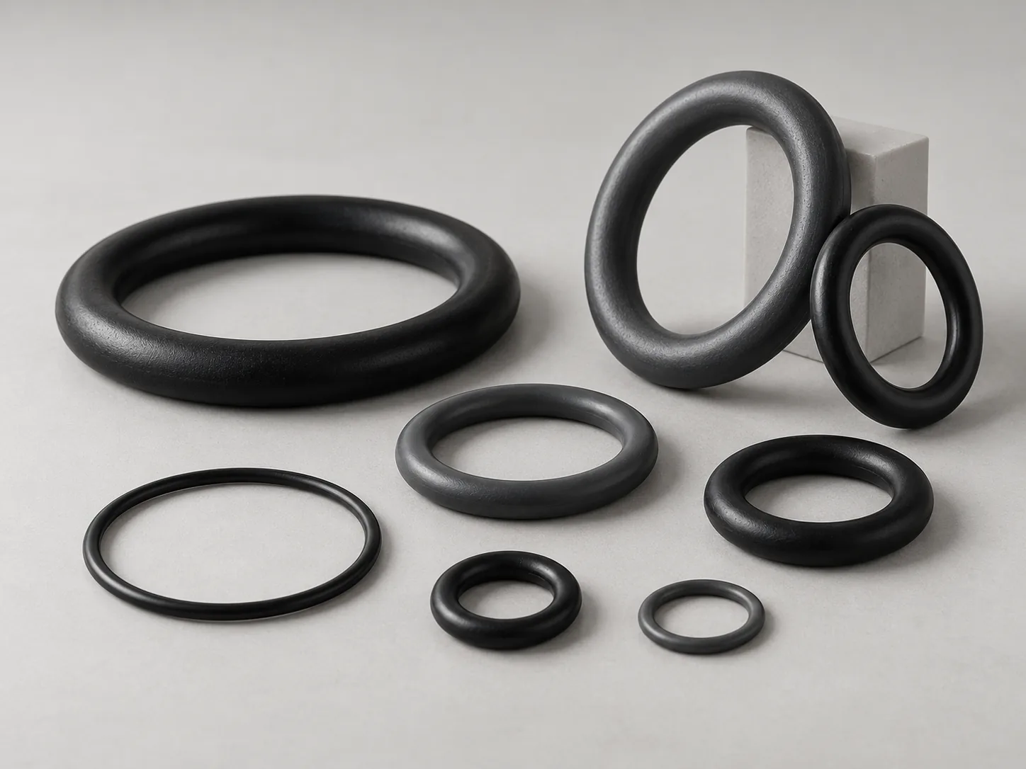 Illustrative 3D render of custom black silicone O-rings in different sizes